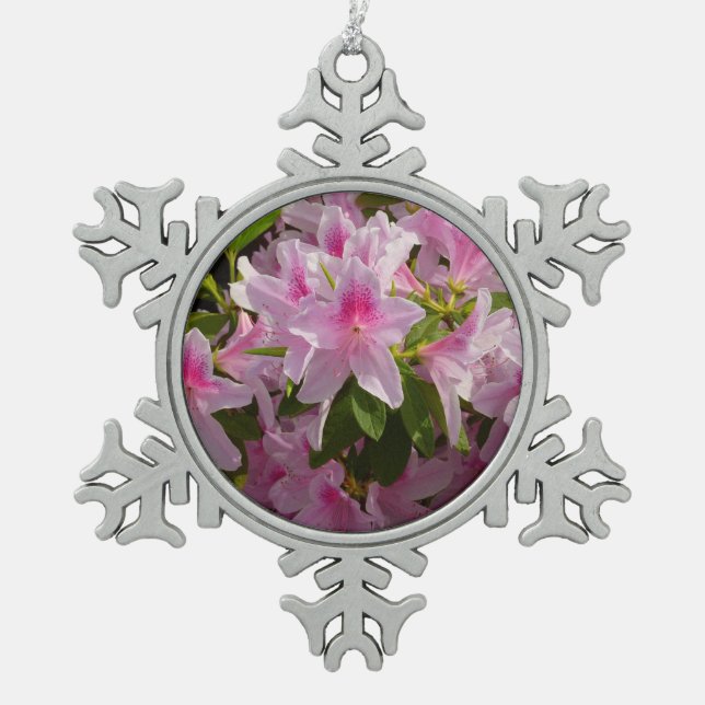 Pink Azalea Bush Spring Floral Snowflake Pewter Christmas Ornament (Front)