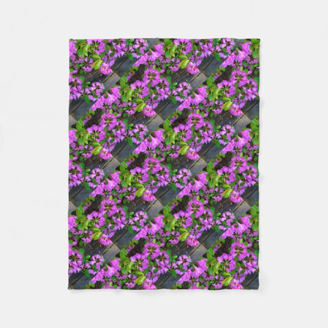 Pink Azaleas flowers, rustic backyard woodgrain  Fleece Blanket (Front)