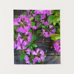 Pink Azaleas flowers, rustic backyard woodgrain Tapestry