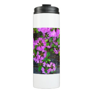 Pink Azaleas flowers, rustic backyard woodgrain  Thermal Tumbler