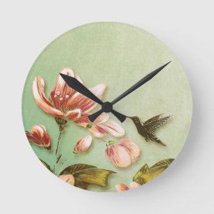 Pink Azaleas Vintage Floral on Green Mist Round Clock