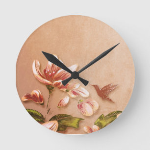 Pink Azaleas Vintage Floral on Whiskey Round Clock