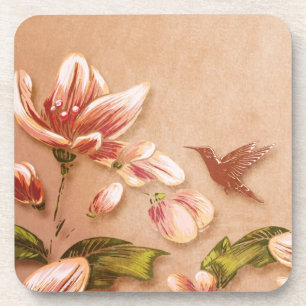 Pink Azaleas Vintage Floral on Whiskey Wedding Coaster