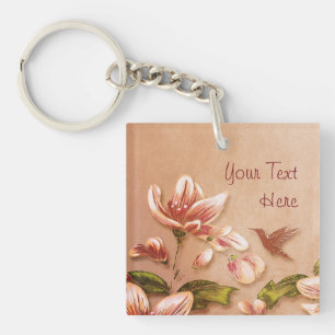 Pink Azaleas Vintage Floral on Whiskey Wedding Key Ring