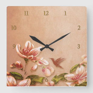 Pink Azaleas Vintage Floral on Whiskey Wedding Square Wall Clock