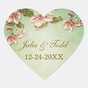 Pink Azaleas Vintage  on Green Mist Save The Date Heart Sticker