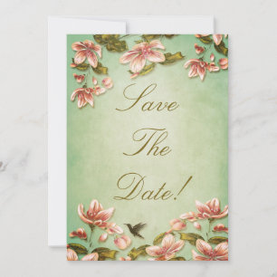 Pink Azaleas Vintage  on Green Mist Save The Date Invitation
