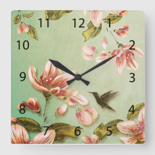 Pink Azaleas Vintage on Green Mist Square Wall Clock