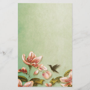 Pink Azaleas Vintage  on Green Mist Stationery