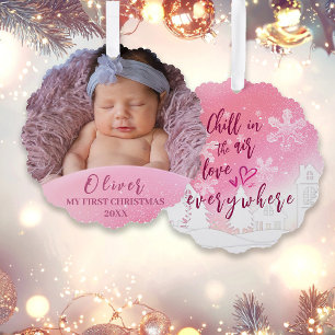 Pink Baby 1st Christmas Custom Photo Tree Decoration Card