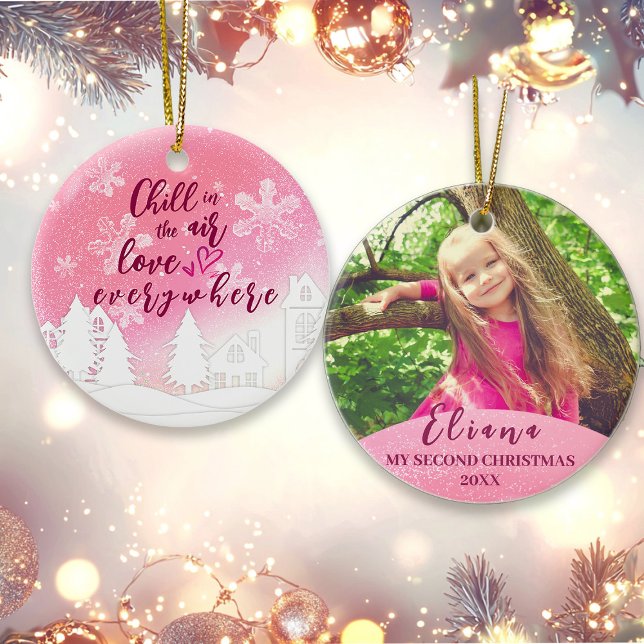 Pink Baby 2nd Christmas Quote Custom Photo Ceramic Tree Decoration (Creator Uploaded)