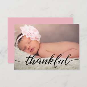 Pink Baby Announcement Thankful Script, black type