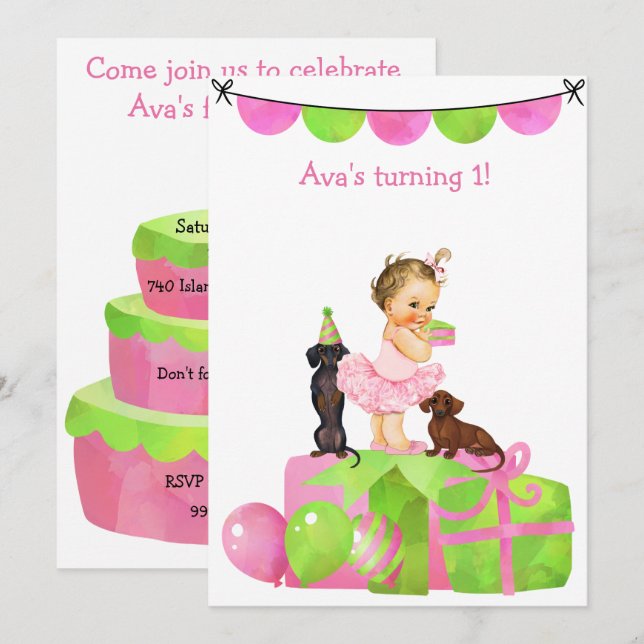 Pink Baby Ballerina Dachshund Party Invitation (Front/Back)