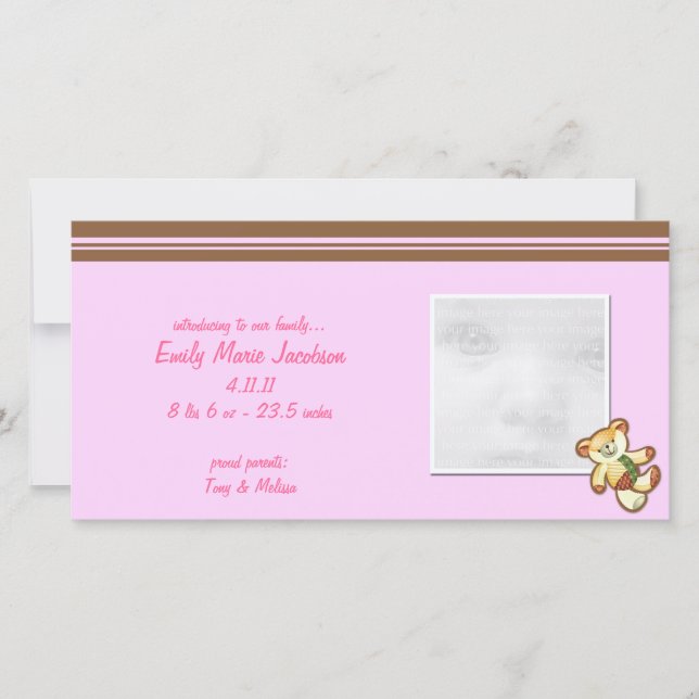 Pink Baby Bear Baby Announcement Photo Cards (Front)