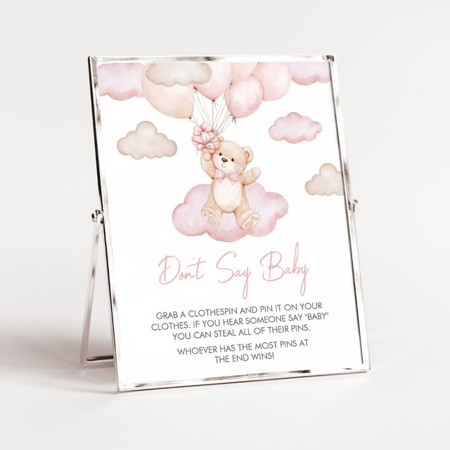 Pink Baby Bear Balloon Baby Shower Don't Say Baby Poster (Pink Baby Bear Balloon Baby Shower Don't Say Baby Sign)