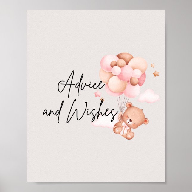 Pink Baby Bear & Balloons Advice & Wishes Poster (Front)
