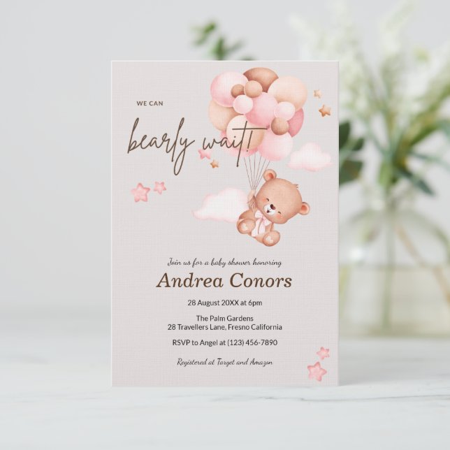 Pink Baby Bear & Balloons Baby Shower Invitation (Standing Front)