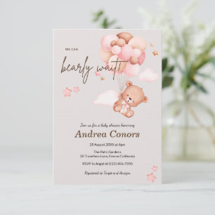 Pink Baby Bear & Balloons Baby Shower Invitation