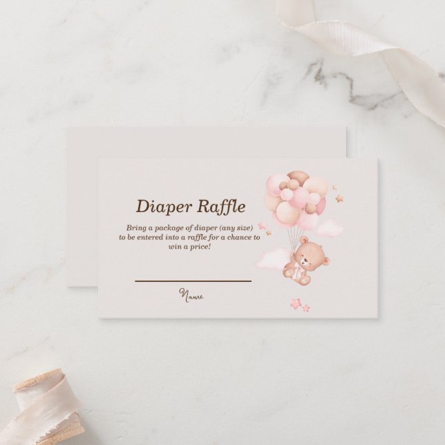 Pink Baby Bear & Balloons Diaper Raffle Cards (Front/Back In Situ)