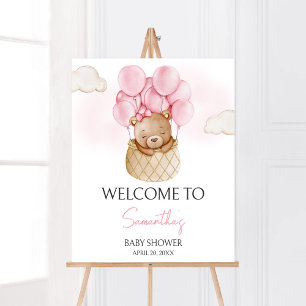 Pink Baby Bear Hot Air Balloon Baby Shower Welcome Poster