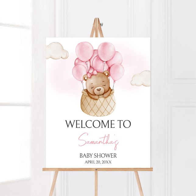 Pink Baby Bear Hot Air Balloon Baby Shower Welcome Poster (Baby Bear Pink Baby Shower Welcome Sign)