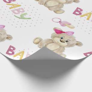 Pink Baby Bear Watercolor Baby Girl Shower Gift Wrapping Paper