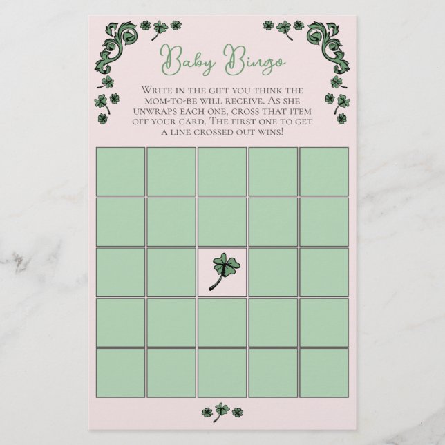 Pink Baby Bingo St Patrick's Day Baby Shower Game (Front)