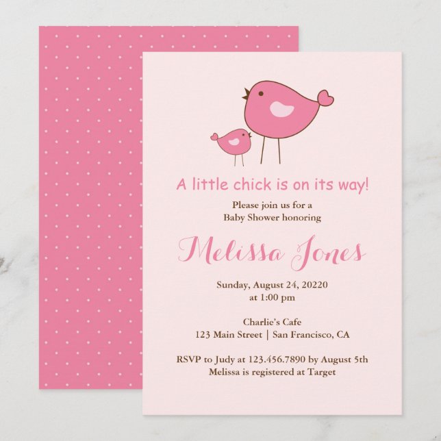 Pink Baby Bird  Girl Baby Shower Invitation (Front/Back)