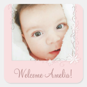 Pink Baby Birth Announcement Vintage Square Sticker