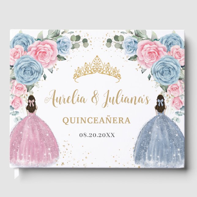 Pink Baby Blue Floral Princesses Twins Quinceañera Guest Book (Front)