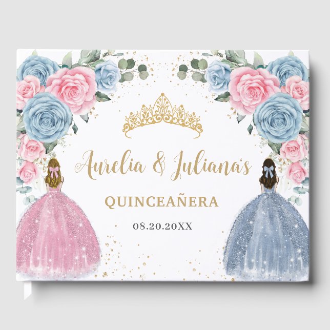 Pink Baby Blue Floral Princesses Twins Quinceañera Guest Book (Front)