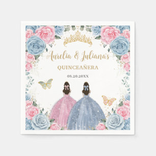Pink Baby Blue Floral Princesses Twins Quinceañera Napkin