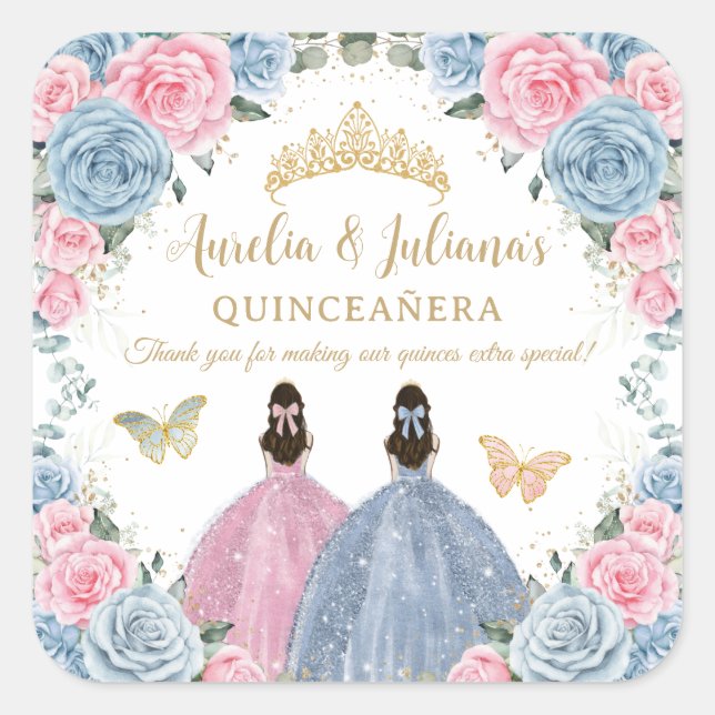 Pink Baby Blue Floral Princesses Twins Quinceañera Square Sticker (Front)