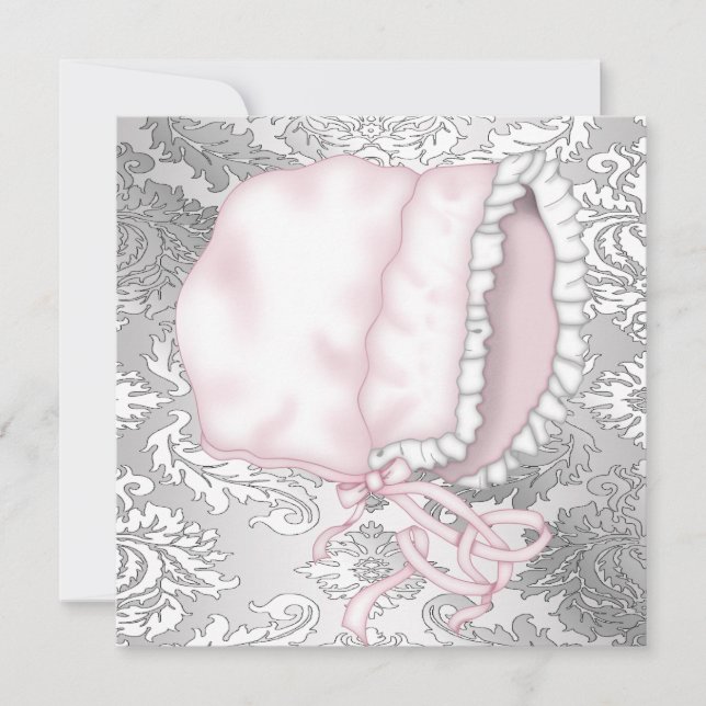 Pink Baby Bonnett Damask Baby Girl Shower Invitation (Front)