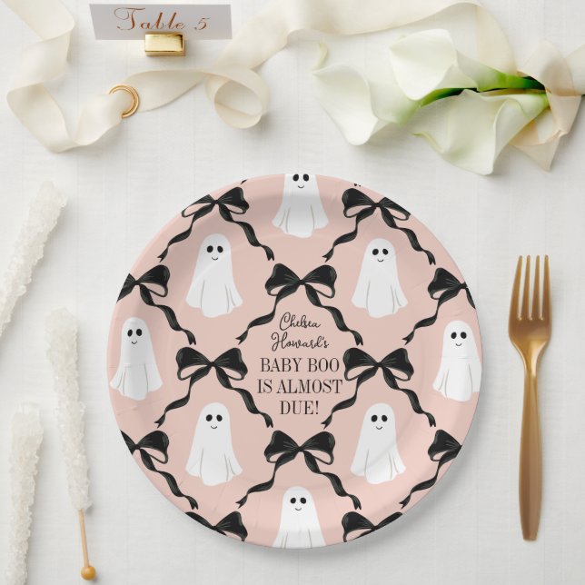 Pink Baby Boo Almost Due Ghosts and Black Bows Paper Plate (Wedding)