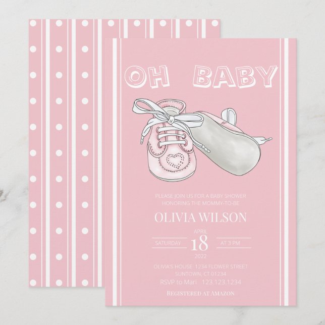 Pink Baby Bootie Watercolor Baby Shower Invitation (Front/Back)
