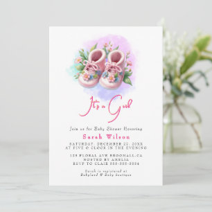 Pink Baby Booties Floral Watercolor baby shower Invitation