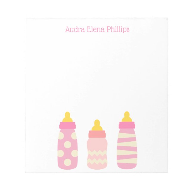 Pink Baby Bottles Personalised Notepad (Front)