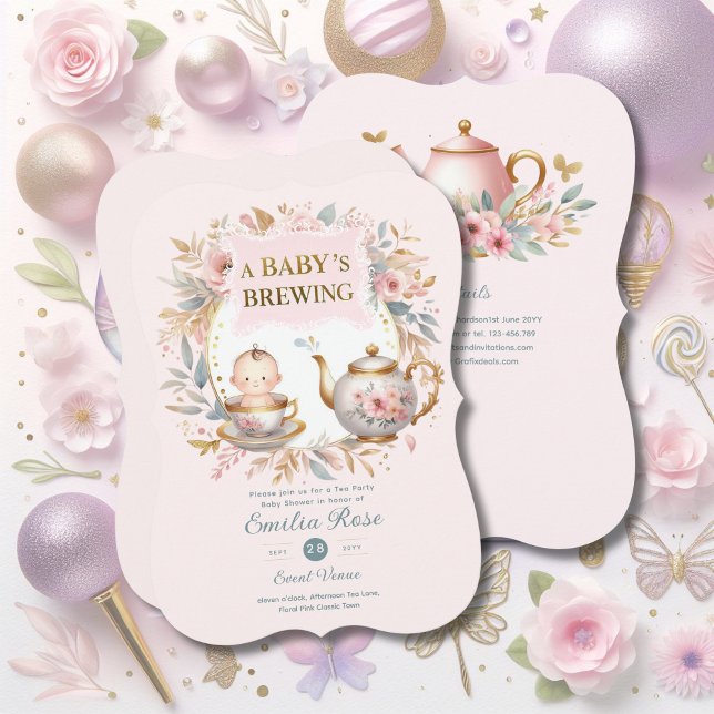Pink Baby Brewing Tea Party Shower Floral Brunch   Invitation (Creator Uploaded)