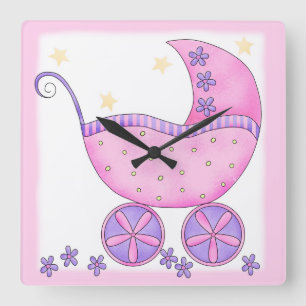 Pink Baby Buggy Carriage Customised Square Wall Clock