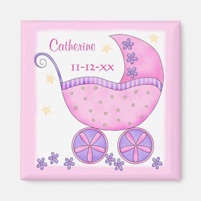 Pink Baby Buggy Carriage Name Birth Date Custom Magnet (Front)