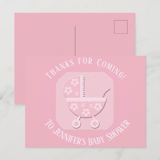 Pink Baby Buggy Girl Shower Thank You Postcard (Front/Back)