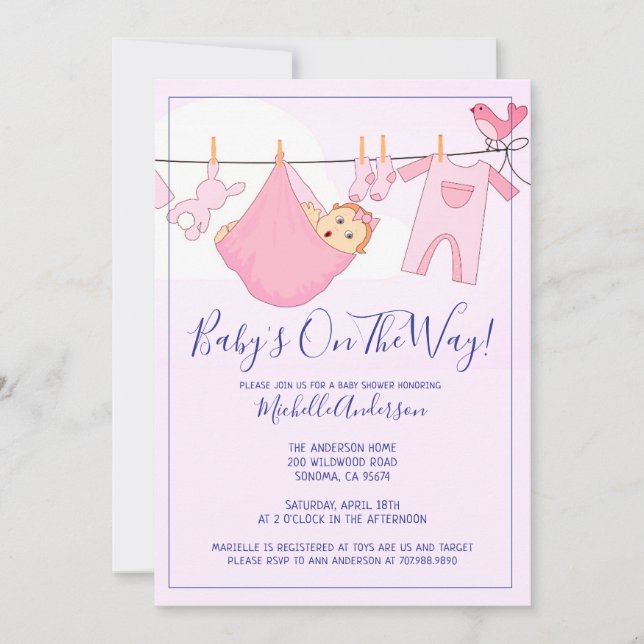 Pink Baby Bundle On Clothesline Baby Shower Invitation (Front)