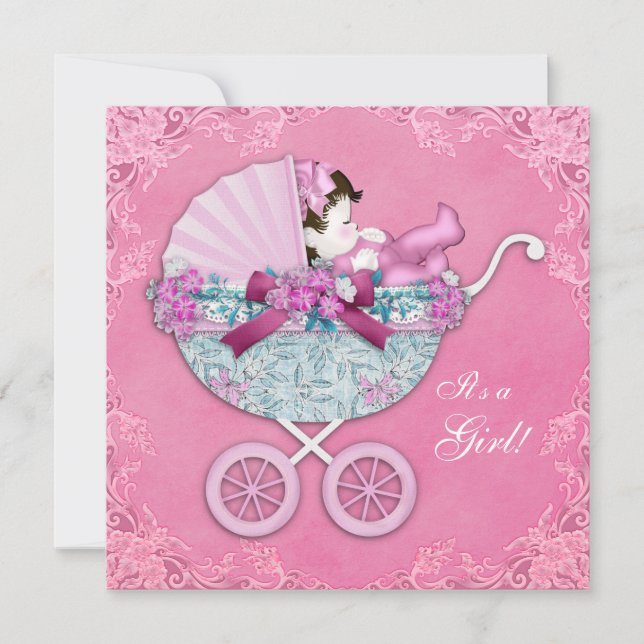 Pink Baby Carriage Baby Girl Shower Invitation (Front)