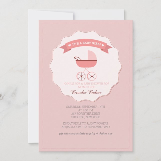 Pink Baby Carriage Baby Shower Invitation (Front)