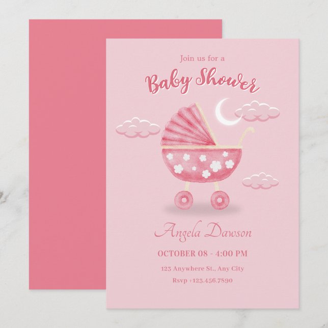 Pink baby carriage baby shower invitation (Front/Back)