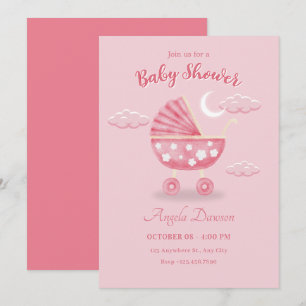 Pink baby carriage baby shower invitation