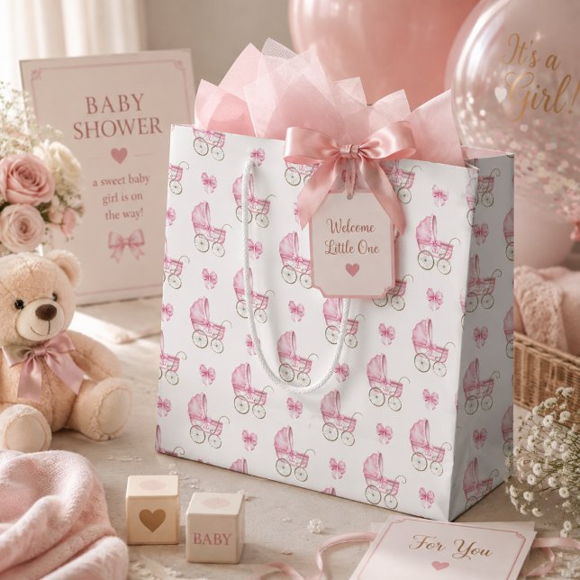 Pink Baby Carriage & Bow Watercolor Large Gift Bag (Creator Uploaded)