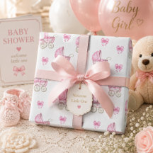 Pink Baby Carriage & Bow Watercolor