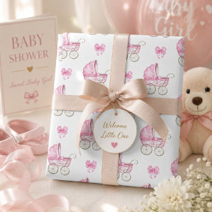Pink Baby Carriage & Bow Watercolor Wrapping Paper Sheet